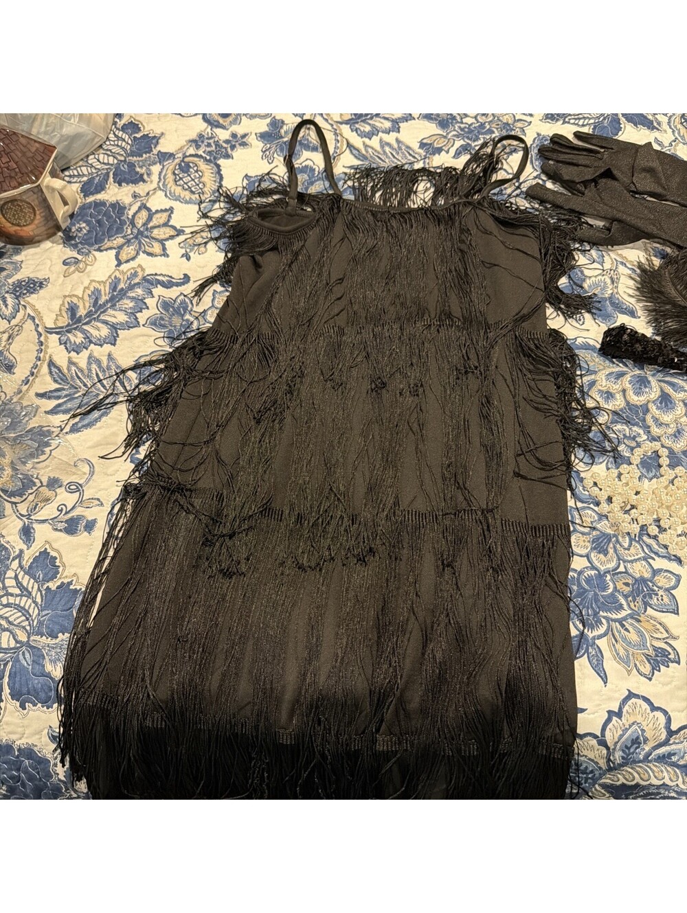 Black Flapper Style Dress with Fringe and Accessories Set
